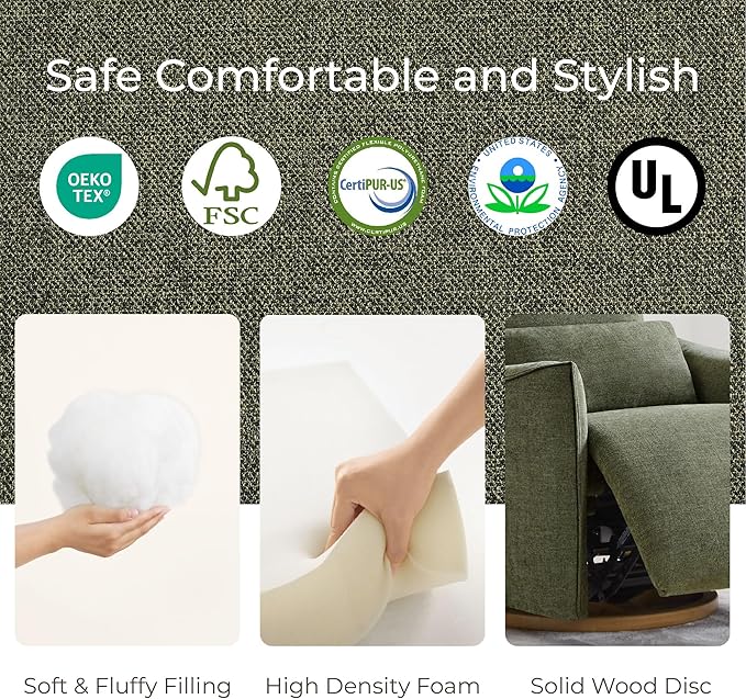 CHITA Swivel Rocker Recliner Chair, Power Nursery Glider Recliner, Nursery Rocking Chair with Adjustable Power Headrest, FSC Certified, Solid Wood Base, Moss Green