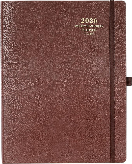 2026 Planner - JAN 2026 - DEC 2026, Planner 2026, Weekly and Monthly Planner, Leather Cover Calendar Planner with Thick Paper, Back Pocket with Notes Pages, Brown (8.5" x 11")