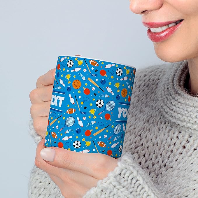 Personalized Mug for Kids - Sports - Custom Name/Text, Ceramic Hot Chocolate/Cocoa/Coffee Cup for Boys/Girls, Birthday/Christmas/Holiday Gift - 11 oz, Red Handle