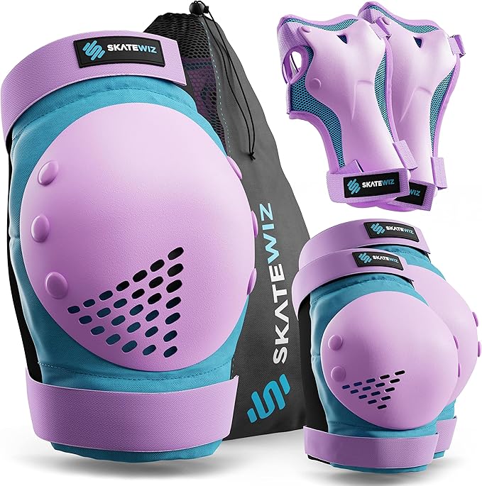 SKATEWIZ Skateboard Pads Protective Gear Set for Kids - Smash - Roller Skate Pads [6pc] - Elbow Pads Roller Derby and Knee Pads Kids Skating with Wrist Guards for Kids and Adults