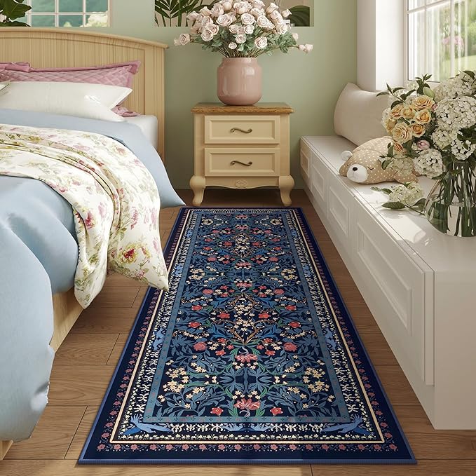 Runner Rug for Kitchen Rug Non Slip 2'x6' Washable Rugs with Rubber Backing Soft Vintage Floral Botanical Carpet Runner for Kitchen, Laundry, Bedroom, Bathroom, Blue