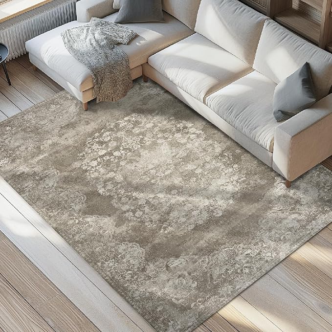 jinchan Vintage Floral 4x6 Area Rugs - Machine Washable Distressed Design Soft Ultra-Thin Low-Pile Non-Slip Carpet for Entryway Kitchen Bedroom Nursery Living Room Dining Room (4x6ft,Brown)