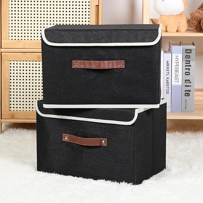 ANMINY 4PCS Storage Bins with Lid PU Leather Handles Storage Boxes PP Plastic Board Decorative Foldable Lidded Cotton Linen Fabric Home Cubes Baskets Closet Organizer Containers - Black, Large Size
