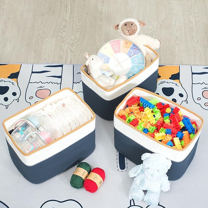 MINTWOOD Design 3-Pack Storage Baskets for Shelves, Playroom and Classroom Storage Basket, Book Basket, Decorative Storage Cube Bins, Woven Closet Organizers, Pantry and Shoe Organizer, Prussian Blue