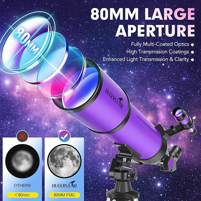 Telescope, Telescope for Adults & Kids & Astronomy Beginners, 80mm Aperture 600mm Portable Refractor Telescopes Fully Multi-Coated Optics with AZ Mount Tripod, Phone Adapter and Moon Filter