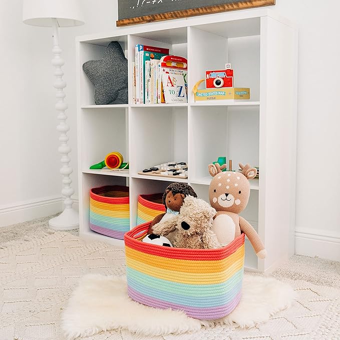 OrganiHaus Rope Rainbow Storage Baskets for Shelves, Rainbow Baskets for Classroom, Baby Basket for Nursery Storage, Rainbow Storage Bins & Toy Organizer, Colorful Baskets for Baby Room