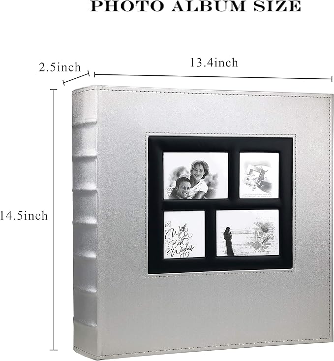 RECUTMS Photo Album 4x6 Holds 500 Photos Black Pages Large Capacity Leather Cover Wedding Family Baby Photo Albums Book Horizontal and Vertical Photos (Silver)