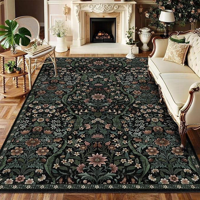 5×7 Black Washable Floral Area Rug,Vintage Boho Soft Low-Pile Living Room Rugs, Stain Resistant Botanical Non-Slip Carpet for Bedroom,Dining Room, Kids Nursery,Home Decor