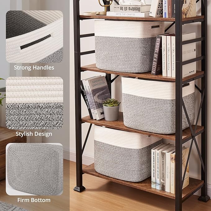 OIAHOMY 13 Kallax Inch Cube Storage Bins, 3-Pack Cotton Rope Woven Baskets for Organizing, Kallax Insert Storage Baskets for Shelves, Baby Nursery, Closet Organizer, 15*13*12.6IN, Grey & White