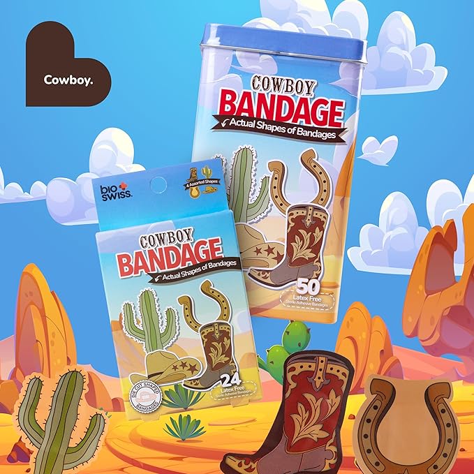 BioSwiss Bandages, Cowboy Shaped Self Adhesive Bandage, Latex Free Wound Care, Fun First Aid Kit Supplies for Kids and Adults, 50 Count