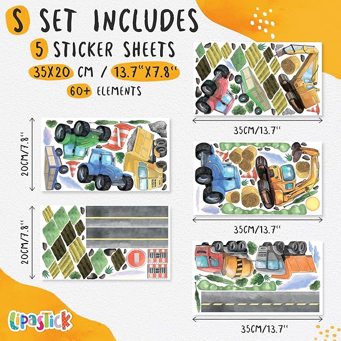 Construction Truck Wall Decals for Boys- Peel and Stick Road Vehicle Stickers for Room, Nursery, Playroom - Removable Wall Decor with Excavators, Tractors, Cars for Kids, Toddlers, Babies -S Size