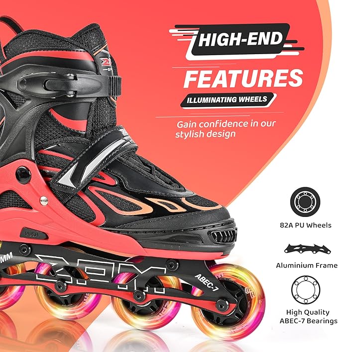 2PM SPORTS Vinal Girls Adjustable Flashing Inline Skates, All Wheels Light Up, Fun Illuminating Skates for Kids Men Adult Women and Boys
