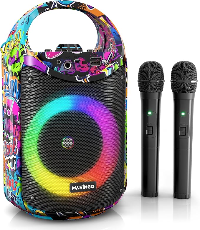 MASINGO Karaoke Machine for Kids and Adults with 2 Wireless Bluetooth Microphones, PA Portable Speaker with Colorful LED Lights, Supports TF Card/USB, AUX/MIC in, TWS for Home Party, Burletta C10 V2