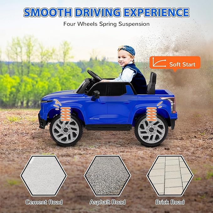 Qaba 12V Kids Ride on Truck, Chevrolet Silverado EV RST Licensed Electric Car with Parent Remote Control, Back Storage, Spring Suspension, Soft Start, Auxiliary Wheels, LED Lights, Music, MP3, Blue