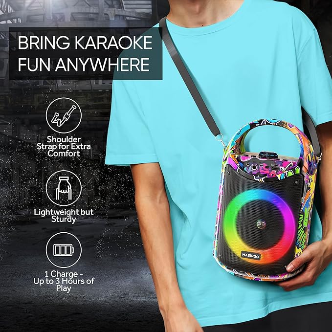 MASINGO Karaoke Machine for Kids and Adults with 2 Wireless Bluetooth Microphones, PA Portable Speaker with Colorful LED Lights, Supports TF Card/USB, AUX/MIC in, TWS for Home Party, Burletta C10 V2