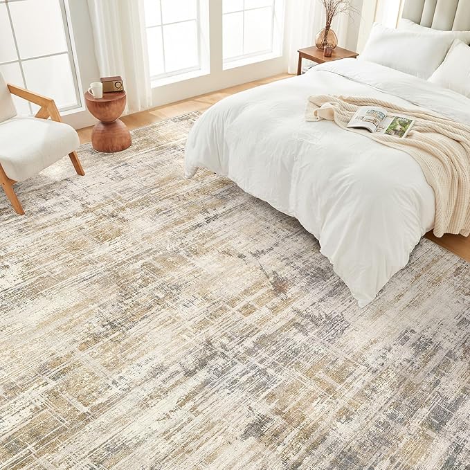 Area Rug for Living Room: 10x14 Washable Neutral Abstract Modern Soft Rugs Non Slip Indoor Floor Stain Resistant Large Carpet for Bedroom Dining Room Office Nursery - Golden Brown