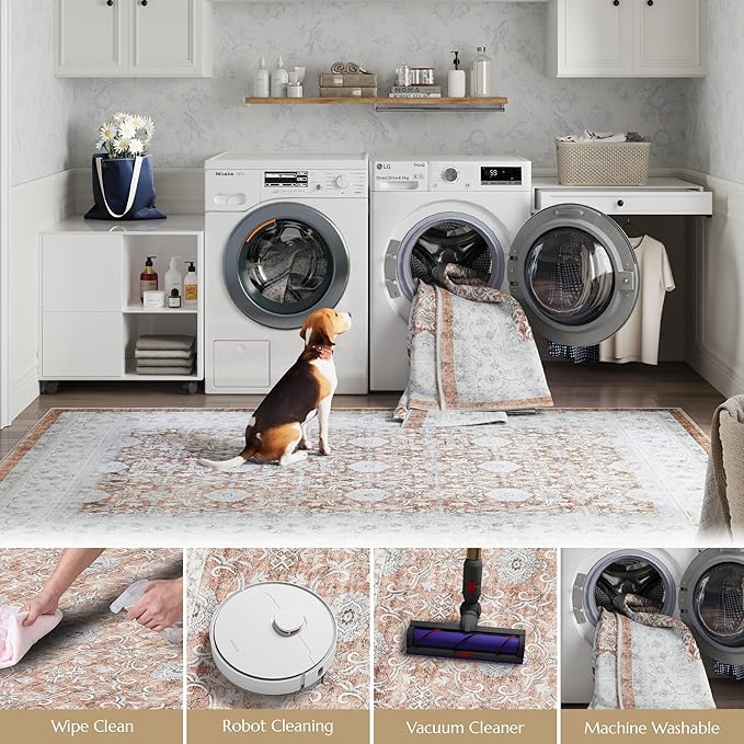 jinchan Round Rug 5ft Washable Circle Soft Rug - Low Pile Vintage 5'Round Indoor Orange Floral Print Stain Resistant Boho Carpet Ultra-Thin Non-Slip for Entryway Nursery Bedroom Dining Room Kitchen