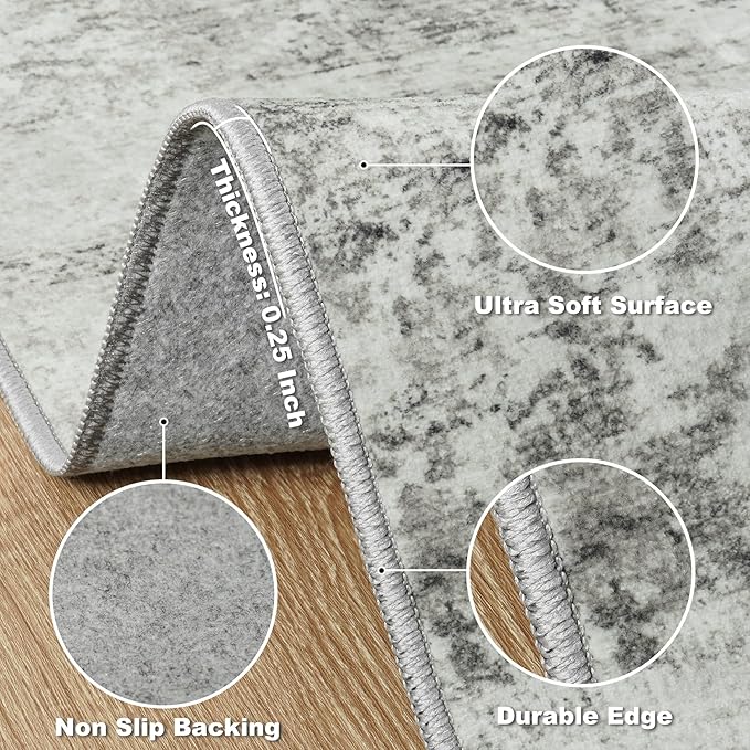 Area Rug 9x12 Washable Rugs: Abstract Large Living Room Rugs with Non-Slip Backing, Thin Carpet for Dining Room Table Bedroom Nursery Indoor Home Office-Gray