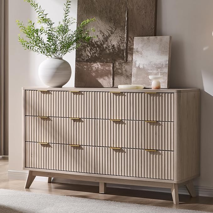 T4TREAM Fluted 6 Drawers Dresser, Curved Profile Design, Dresser TV Stand by T4TREAMFurniture