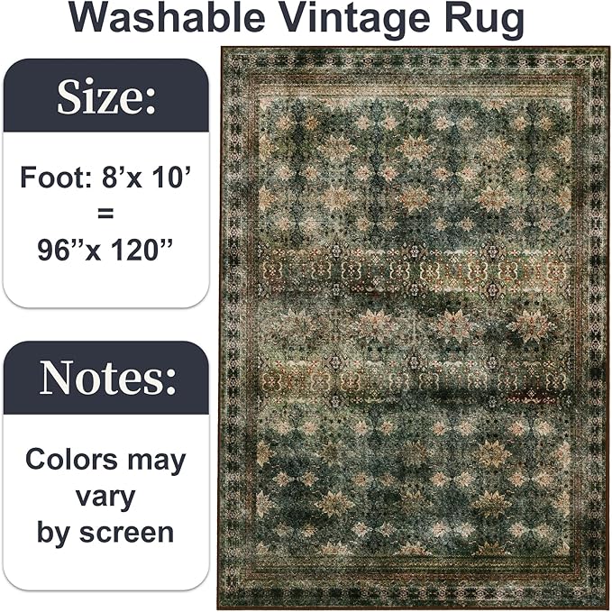 Large 8x10 Washable Area Rug for Living Room, No Shedding Vintage Floral Print Rugs Non Slip, Indoor Thin Retro Accent Carpet for Bedroom Farmhouse Dining Room(Dark Green/Brown/Multi)