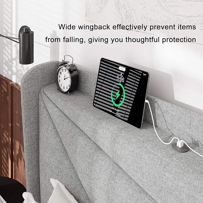 Feonase Full Bed Frame with Charging Station, Linen Upholstered Platform - Image 4