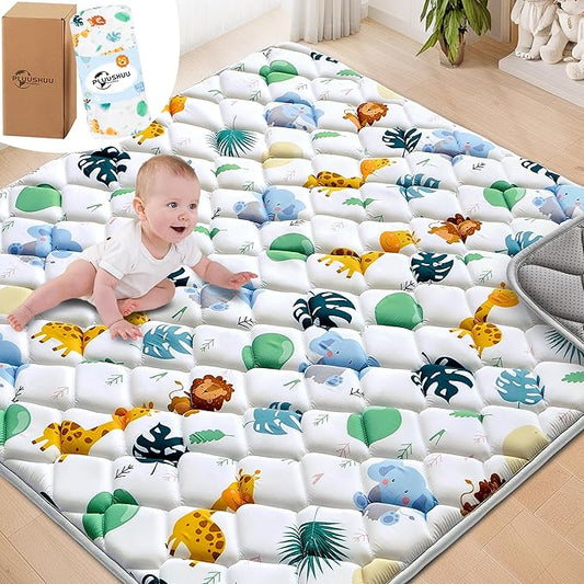 Baby Play Mats for Floor, 47x47 Playpen Mat for Babies, Extra Thicker & Soft Floor Crawling Mat, Foldable Non-Slip Playmat Cushioned for Infants Toddlers, Cute Animal Design