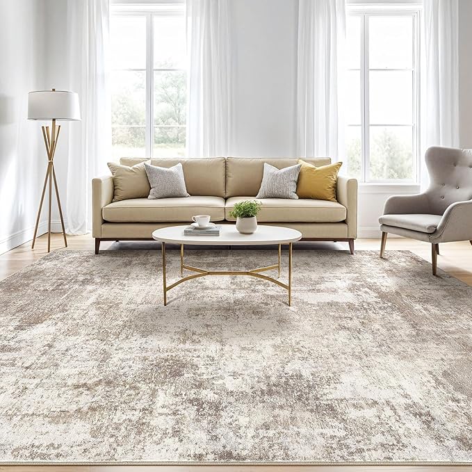 10x14 Area Rugs Living Room: Washable Large Abstract Soft Rug Stain Resistant Indoor Floor Non-Slip Accent Carpet for Women Modern Home Enthusiasts Aged 25-45 - Bedroom Nursery Playroom- Beige Brown