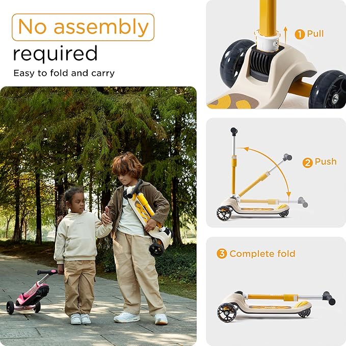 KUB Toddler Scooter for Kids Ages 2+, 3 Wheel Kick Scooter with LED Light-Up Wheels, Adjustable Height Handlebar, Lean-to-Steer, Anti-Slip Deck, Easy-Fold Design, Gift for Boys and Girls