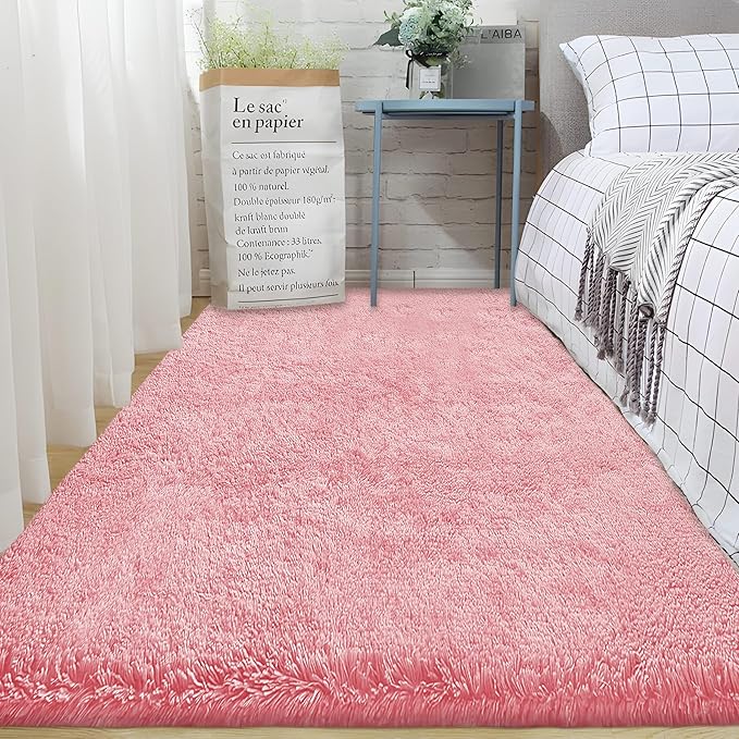 2x6 Runner Rug for Bedroom: Fluffy Shag Soft Washable Rugs Small Fuzzy Plush Indoor Carpet for Hallway Bedside Dorm Kids Girls Boys Room (Pink, 2'x6')