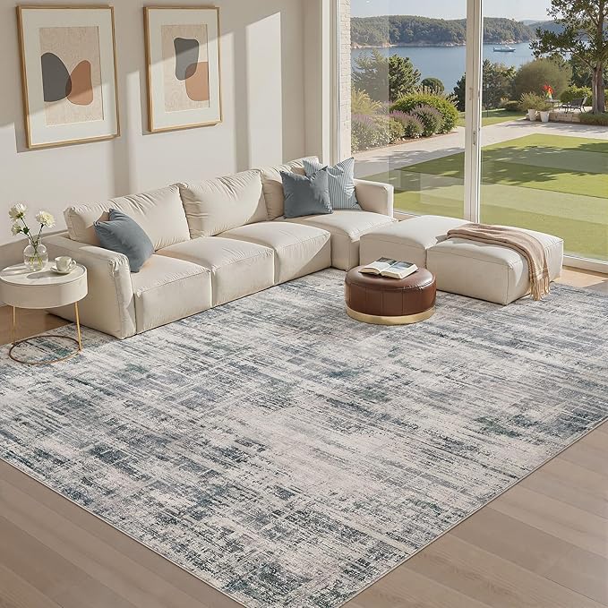 Area Rug for Living Room: 9x12 Washable Neutral Abstract Modern Soft Rugs Non Slip Indoor Floor Stain Resistant Large Carpet for Bedroom Dining Room Office Nursery - Gray