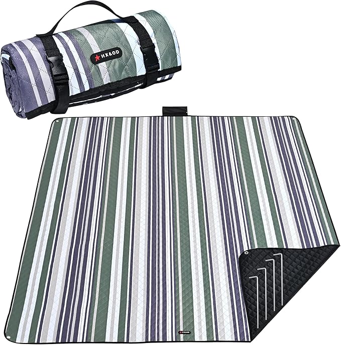 HX&OD Outdoor Picnic Blanket Extra Large, 80''*80' Waterproof Picnic Mat with Stakes Foldable Camping Blanket Portable with Carry Strap for Beach Mat (Green, 80''*80'')