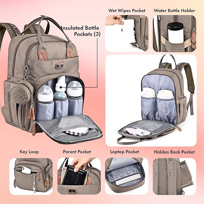 Dikaslon Diaper Bag Backpack with Portable Changing Pad, Pacifier Case and Stroller Straps, Large Unisex Baby Bags for Boys Girls, Multipurpose Travel Back Pack Moms Dads,Khaki