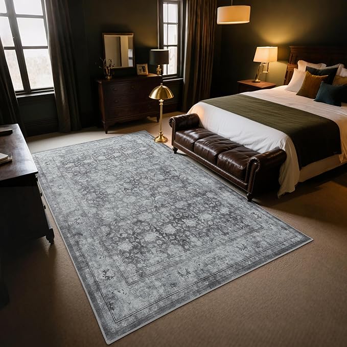 Large 8x10 Washable Area Rug for Living Room, Non Slip Vintage Traditional Rugs for Bedroom, Indoor Thin Accent Floral Nursery Carpet for Dining Room, Farmhouse (Distressed Grey)