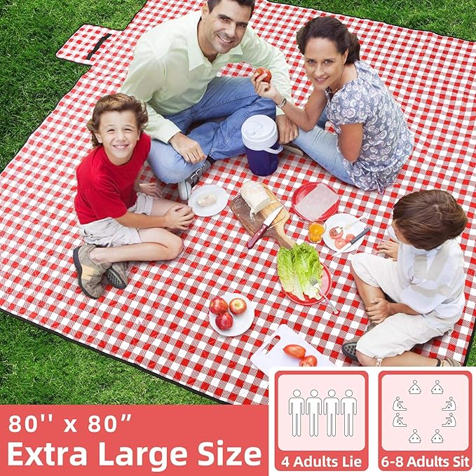 ZAZE Picnic Blanket Extra Large Waterproof, 80''x80''Checkered Picnic Blankets Beach, Outdoor, Camping on Grass Accessories Couple Ideas Wedding Registry Gifts (Red and White)