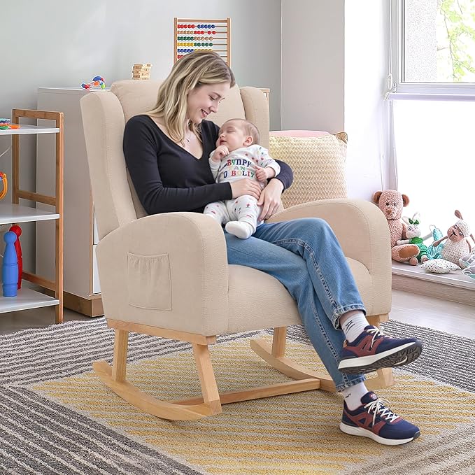 Rocking Chair Nursery, Nursing Rocking Chairs for Mom Nursery, Comfy Wingback Glider Rocking Armchair with Side Pocket for Nursery Living Room Bedroom, Khak