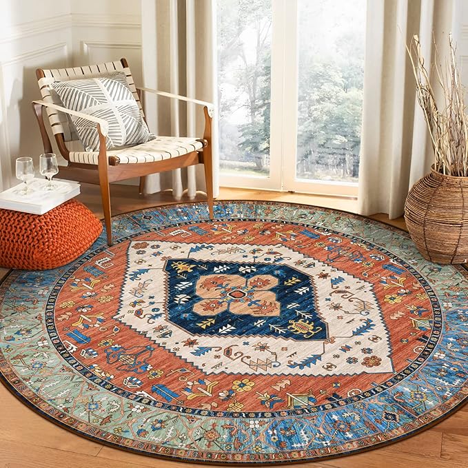 Lahome Boho Washable 5Ft Round Area Rug, Non-Slip Throw Untra-Thin Round Carpet, Oriental Vintage Distressed Circle Rug for Dining Living Room Bedroom Kitchen Office, 5x5/Rust