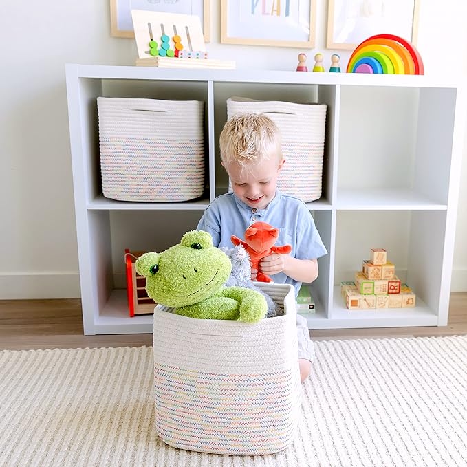 NaturalCozy Storage Cubes 11 Inch Cotton Rope Woven Baskets for Organizing, 3-Pack | Cube Storage Bin | Square Storage Baskets for Shelves Organizer, Classroom, Kids Toy Bins, Closet, Baby Nursery