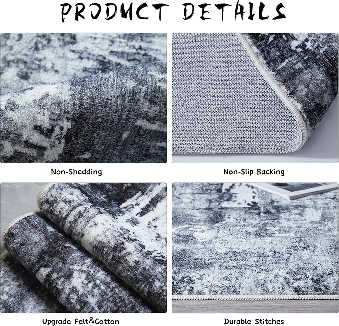 Runner Rug 2'6''x8' Hallway Washable Boho Soft Area Rug Abstract Pattern Non-Slip Faux Wool Vintage for Kitchen, Entryway, Laundry, Bedroom, Grey and Black