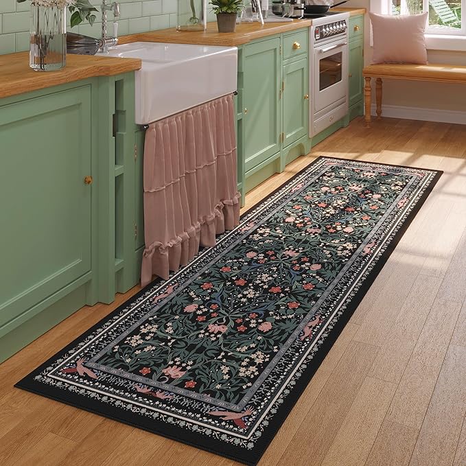 Runner Rug for Kitchen Rug Non Slip 2'6"x8' Washable Rugs with Rubber Backing Soft Vintage Floral Botanical Carpet Runner for Kitchen, Laundry, Bedroom, Bathroom, Black