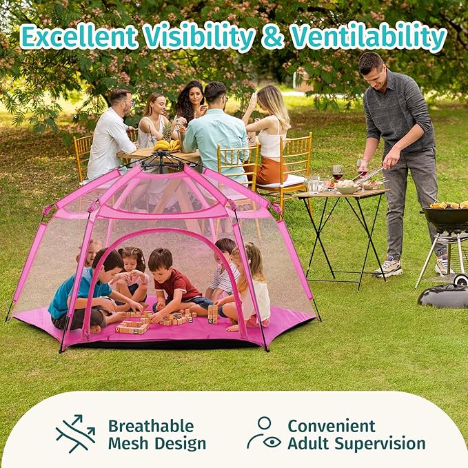 Alvantor Pop Up Playpen- 7'x7'x44”Baby Playpens Large Kids Play Tent Portable and Foldable Playpen Indoor/Outdoor Play Yard with Protective Mesh, UV SPF 50+ Sunshade, and Soft Foam Floor, Pink