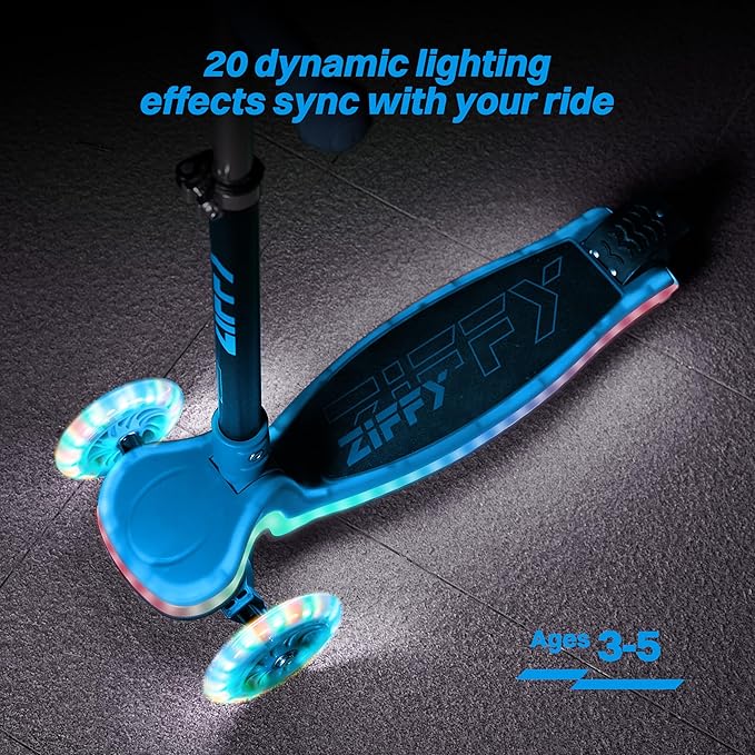 ZIFFY 3-Wheel Light-Up Kids Scooter, Kids Balance Scooter for Boys Girls with 20 Dynamic LED Lights, 4 Adjustable Height, Lean-to-Steer Design with Anti-Slip Wide Surface for Stability - Up to 110LBS