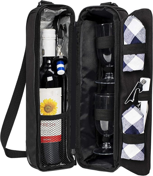 ALLCAMP Wine Bag - Insulated Cooler Bag with Wine Glasses, Bottle Opener & Wine Accessories for Wine Lovers - Portable Wine Gift Bag for Travel, Picnics, and Gift Ideas(Black)