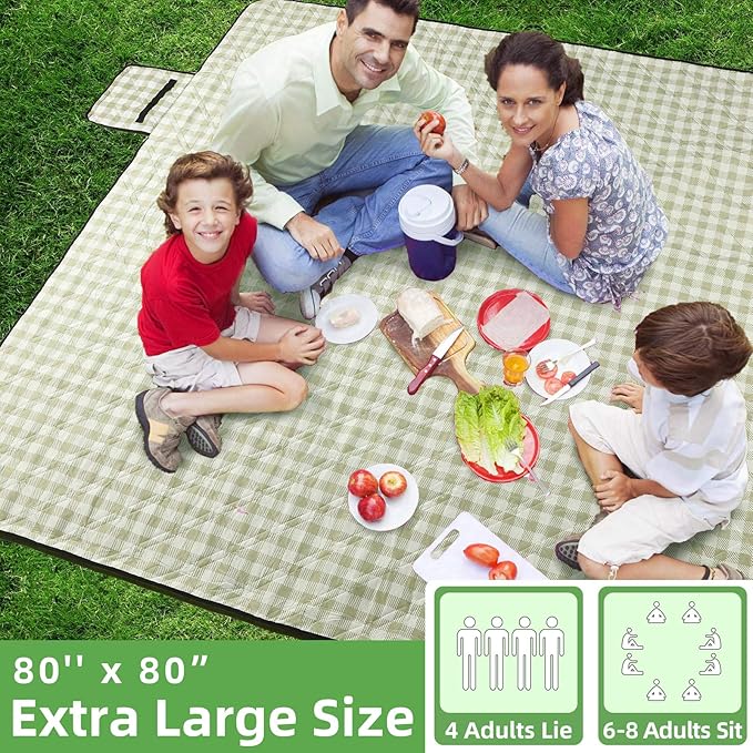 ZAZE Extra Large Picnic Outdoor Blanket, 80''x80'' Waterproof Foldable Blankets Gingham Picnic Mat for Beach, Camping Grass Lawn Park Accessories Cute Couple Gifts Ideas Wedding Registry(Green White)