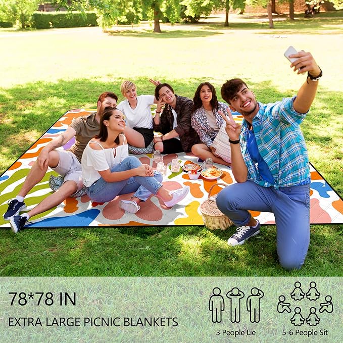 Picnic Blankets Sandproof Waterproof, Extra Large 79''x79'' Foldable & Portable Beach Blanket, 3-Layer Fabric Outdoor Mat for Family Camping, Park, Travel, Grass Lawn, outdoor-Tropical Color Splash