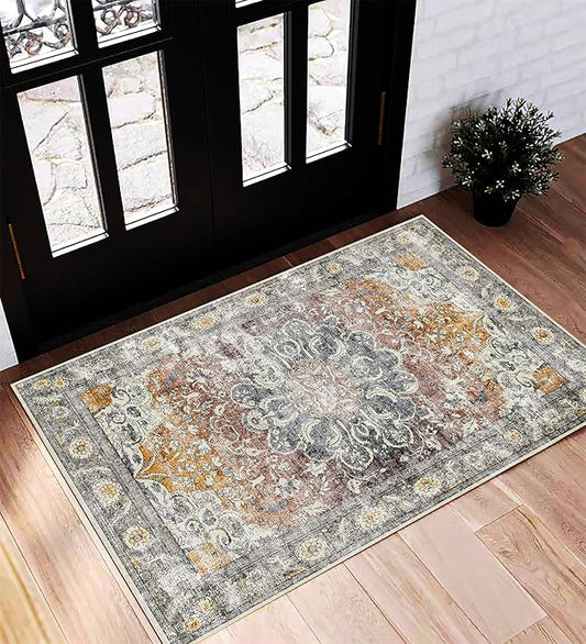 Area Rug 2x3 Washable Rug Door Mat Vintage Distressed Taupe Doormat Indoor Entrance Traditional Thin Floral Print Non Slip Carpet for Kitchen Bathroom Bedroom Living Room