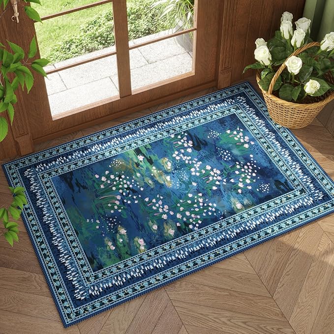 2x3 Rug Impressionist-Style Vintage Indoor Door Mat Machine Washable Small Area Rug Non-Slip Low Pile Throw Rugs for Entryway Kitchen Front Door Indoor Entrance Entry Kids Room, Blue