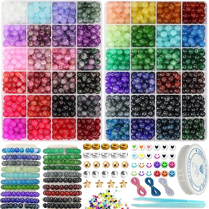JULIMAIDONG 8mm Glass Beads for Bracelets 2100pcs, 48 Colors Round Crystal Glass Bracelet Making Kit for Jewelry Making Kits Bead DIY Crafts with Spacer Charms Accessories (48Color(Solid+Printing)