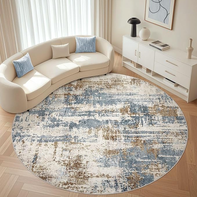 Round Rug Living Room Rugs: 10Ft Washable Circle Large Abstract Modern Soft Stain Resistant Non Slip Indoor Floor Carpet for Bedroom Nursery Office Dining Room Dorm Home House Decor- Tan Blue
