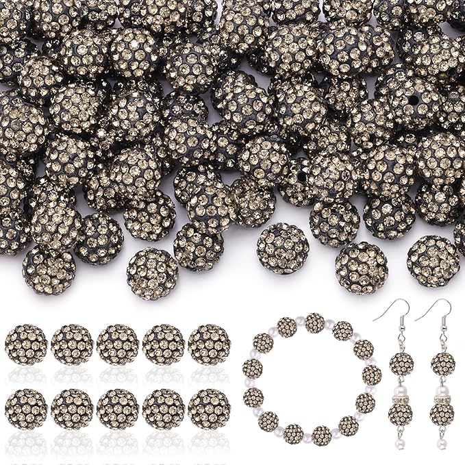 105pcs 10mm Rhinestone Beads for Jewelry Making, Gray Shiny Round Disco Ball Beads Bulk, Sparkle Crystal Clay Christmas for Bracelet Baseball Necklace Earring Crafting and DIY