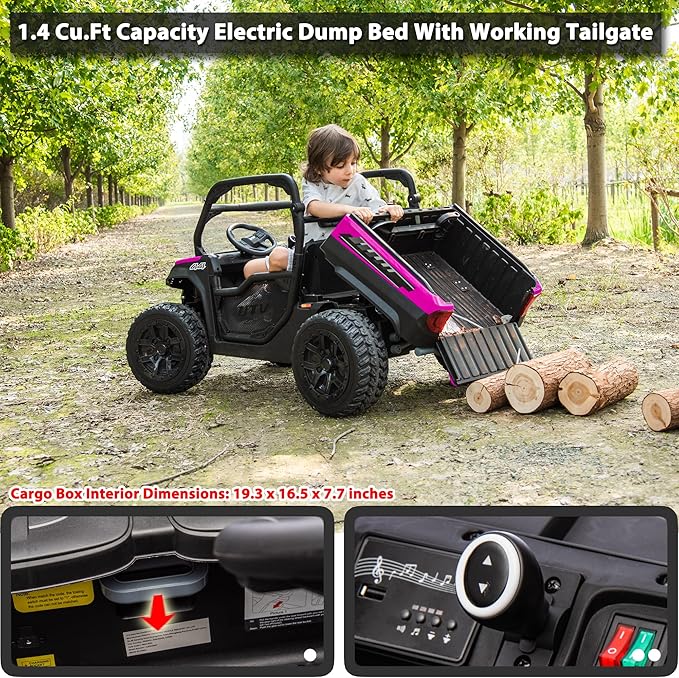 sopbost 24V Ride On Car with Remote Control 10Ah Battery Powered Ride On Toy for Big Kids to Drive 2 Seater UTV with Large Dump Bed, 4x75W Motors, Hot Pink & Black